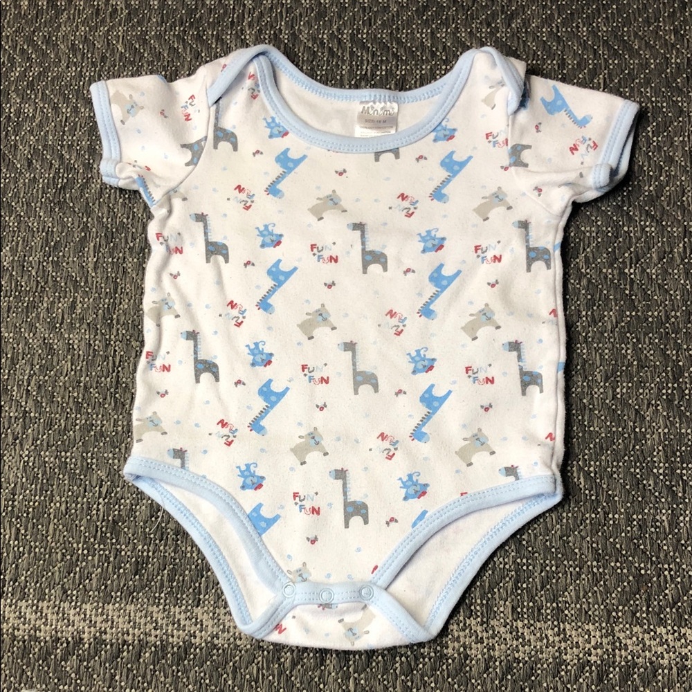 Soft Cotton Baby Onesie in White & Light Blue with Animal Print